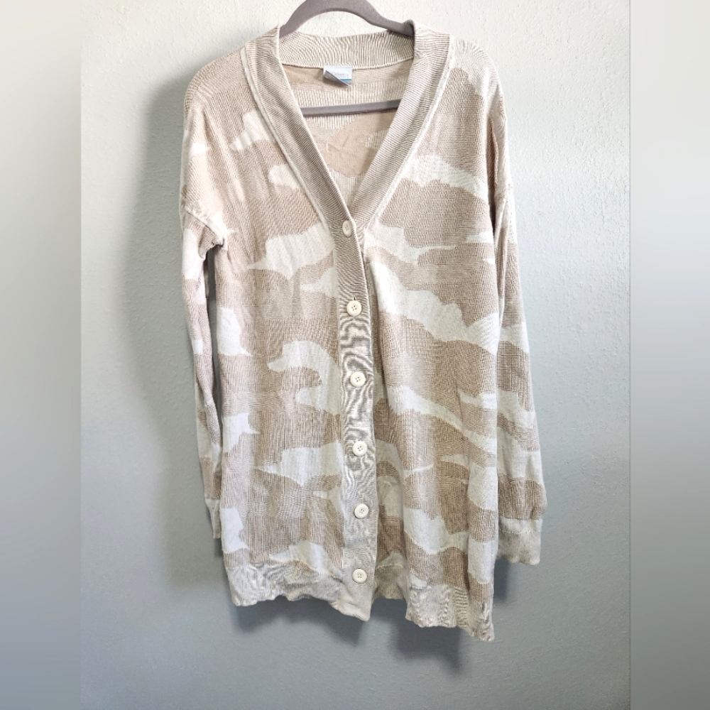 Columbia Cardigan Women L Cream Brown Camo Sweater Cloud